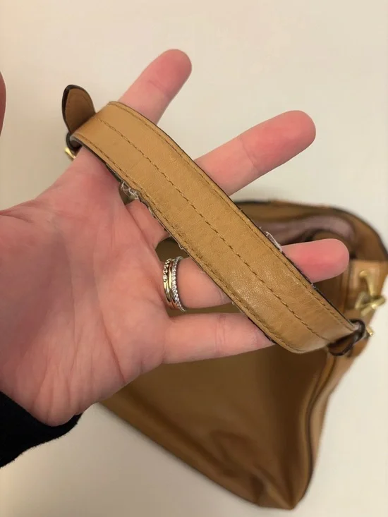 Coach Colette Tan Leather Shoulder Bag with Patent Center Stripe & Gold Hardware - Picture 11 of 12